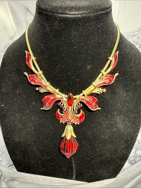 Source Unknown Red and Gold Floral Statement Necklace